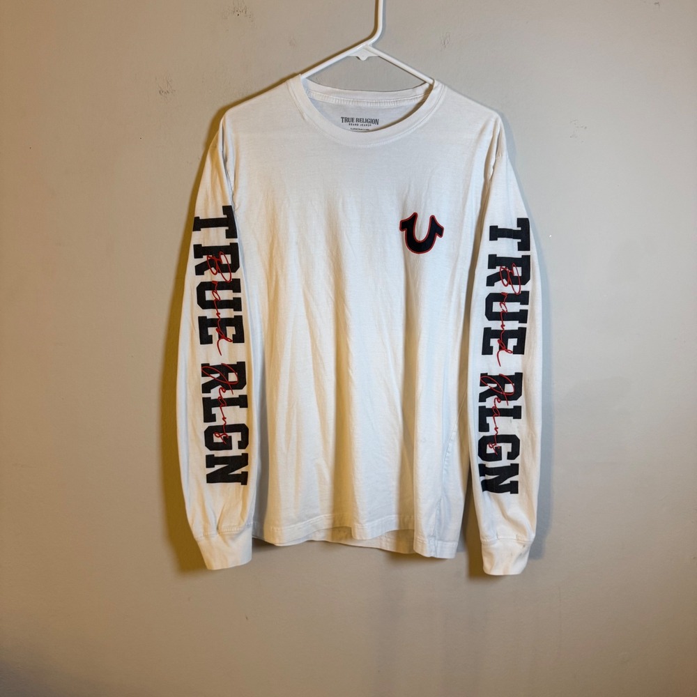 True Religion Mens White Long Sleeve Graphic Logo T-Shirt XL Horseshoe Branding